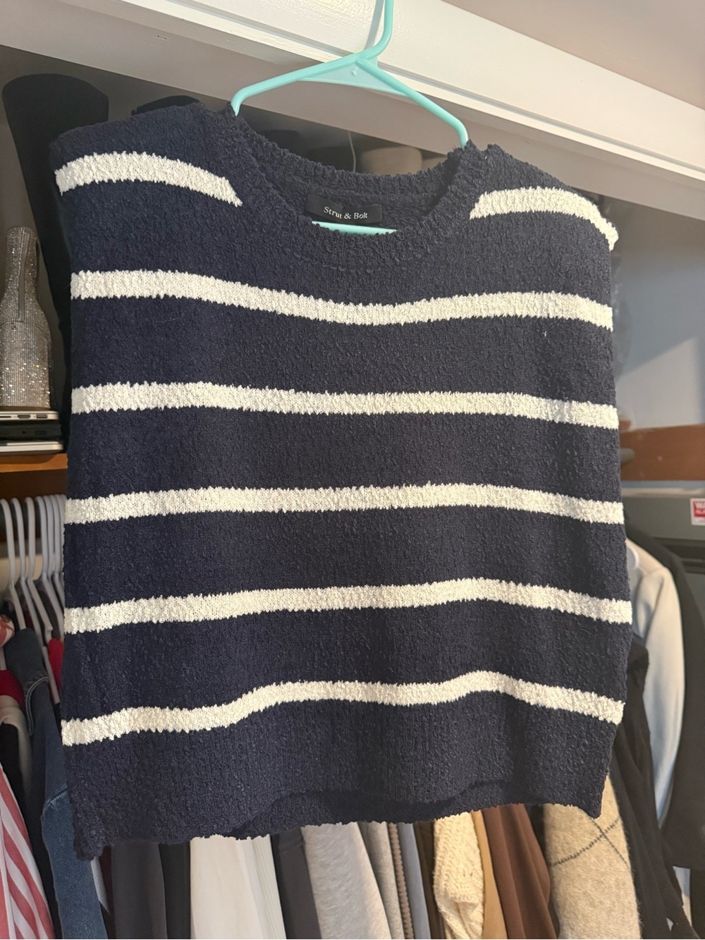 Striped Navy and White Sleeveless Boucle Knit Sweater - Strut & Bolt